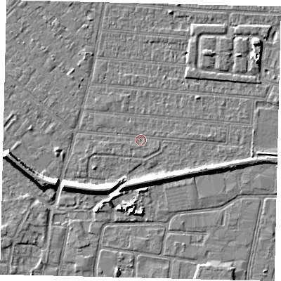 Shaded relief map of the ground around HU92RL, computed from Environment Agency LiDAR. The ground here sits at about 2 m above sea level and falls 7 m across the surrounding 800 m. Surface water reaching this point runs off ground lying to the east-south-east, 0.6 m higher.