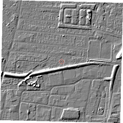 Shaded relief map of the ground around HU92RQ, computed from Environment Agency LiDAR. The ground here sits at about 2 m above sea level and falls 7 m across the surrounding 800 m. Surface water reaching this point runs off ground lying to the south-west, 4.0 m higher.