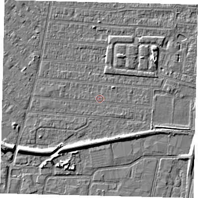 Shaded relief map of the ground around HU92RR, computed from Environment Agency LiDAR. The ground here sits at about 2 m above sea level and falls 7 m across the surrounding 800 m. The ground contributing surface water to this point lies to the south-east.