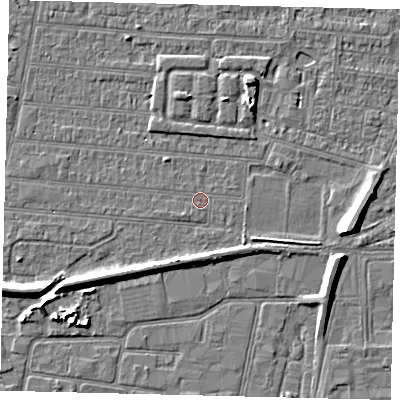 Shaded relief map of the ground around HU92RS, computed from Environment Agency LiDAR. The ground here sits at about 2 m above sea level and falls 7 m across the surrounding 800 m. Surface water reaching this point runs off ground lying to the south-west, 4.0 m higher.