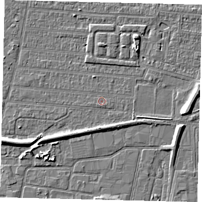 Shaded relief map of the ground around HU92RU, computed from Environment Agency LiDAR. The ground here sits at about 2 m above sea level and falls 7 m across the surrounding 800 m. The ground contributing surface water to this point lies to the west-south-west.