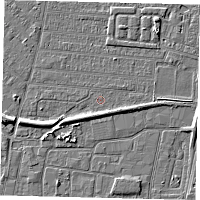 Shaded relief map of the ground around HU92RW, computed from Environment Agency LiDAR. The ground here sits at about 2 m above sea level and falls 7 m across the surrounding 800 m. The ground contributing surface water to this point lies to the north.