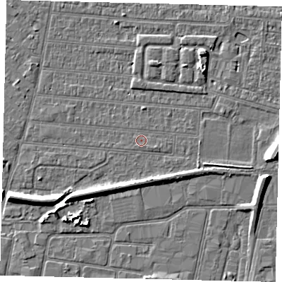 Shaded relief map of the ground around HU92RX, computed from Environment Agency LiDAR. The ground here sits at about 2 m above sea level and falls 7 m across the surrounding 800 m. The ground contributing surface water to this point lies to the south-south-east.