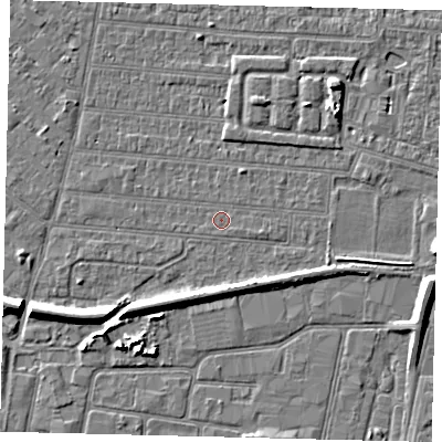 Shaded relief map of the ground around HU92RY, computed from Environment Agency LiDAR. The ground here sits at about 2 m above sea level and falls 7 m across the surrounding 800 m. The ground contributing surface water to this point lies to the east-south-east.