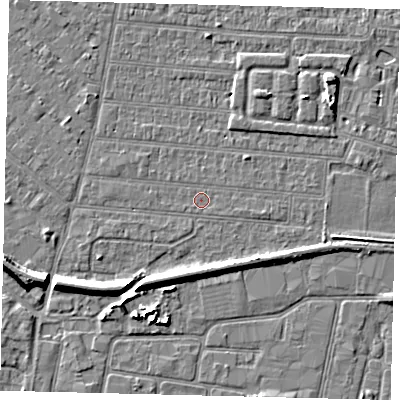 Shaded relief map of the ground around HU92RZ, computed from Environment Agency LiDAR. The ground here sits at about 2 m above sea level and falls 7 m across the surrounding 800 m. The ground contributing surface water to this point lies to the east-south-east.