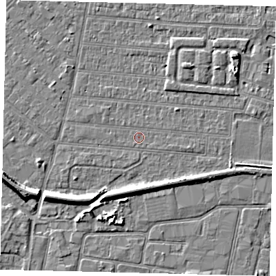 Shaded relief map of the ground around HU92SA, computed from Environment Agency LiDAR. The ground here sits at about 2 m above sea level and falls 7 m across the surrounding 800 m. The ground contributing surface water to this point lies to the east-south-east.