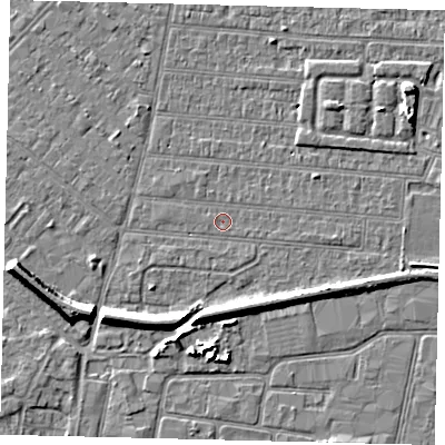 Shaded relief map of the ground around HU92SB, computed from Environment Agency LiDAR. The ground here sits at about 2 m above sea level and falls 7 m across the surrounding 800 m. The ground contributing surface water to this point lies to the east.