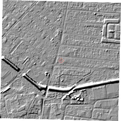 Shaded relief map of the ground around HU92SD, computed from Environment Agency LiDAR. The ground here sits at about 2 m above sea level and falls 7 m across the surrounding 800 m. The ground contributing surface water to this point lies to the east.