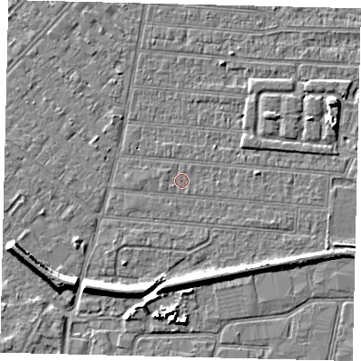 Shaded relief map of the ground around HU92SE, computed from Environment Agency LiDAR. The ground here sits at about 2 m above sea level and falls 7 m across the surrounding 800 m. Surface water reaching this point runs off ground lying to the west, 0.5 m higher.