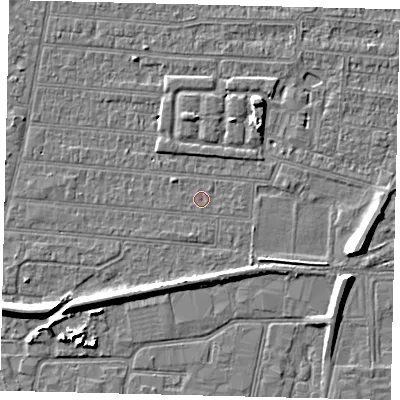 Shaded relief map of the ground around HU92SL, computed from Environment Agency LiDAR. The ground here sits at about 2 m above sea level and falls 7 m across the surrounding 800 m. The ground contributing surface water to this point lies to the east-south-east.