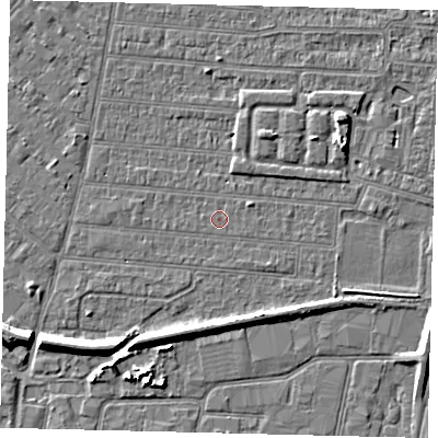 Shaded relief map of the ground around HU92SQ, computed from Environment Agency LiDAR. The ground here sits at about 2 m above sea level and falls 7 m across the surrounding 800 m. Surface water reaching this point runs off ground lying to the east-north-east, 0.8 m higher.