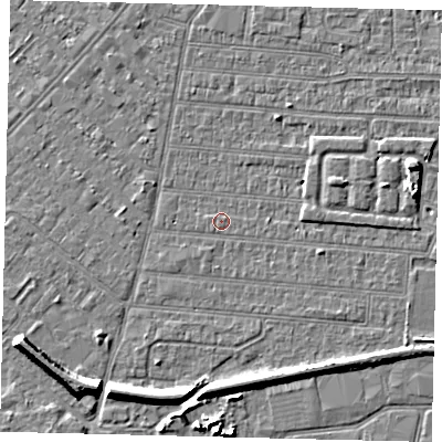 Shaded relief map of the ground around HU92TR, computed from Environment Agency LiDAR. The ground here sits at about 2 m above sea level and falls 7 m across the surrounding 800 m. Surface water reaching this point runs off ground lying to the south-south-east, 5.1 m higher.