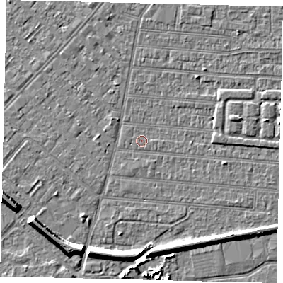 Shaded relief map of the ground around HU92TS, computed from Environment Agency LiDAR. The ground here sits at about 2 m above sea level and falls 7 m across the surrounding 800 m. Surface water reaching this point runs off ground lying to the east-north-east, 2.0 m higher.