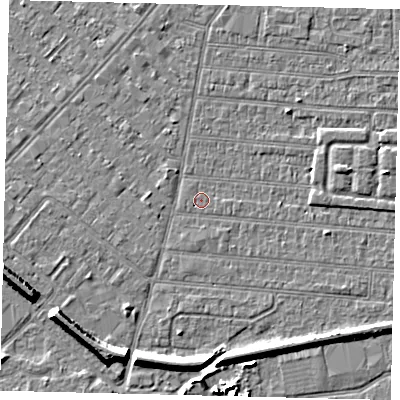 Shaded relief map of the ground around HU92TT, computed from Environment Agency LiDAR. The ground here sits at about 2 m above sea level and falls 7 m across the surrounding 800 m. Surface water reaching this point runs off ground lying to the east-north-east, 2.0 m higher.