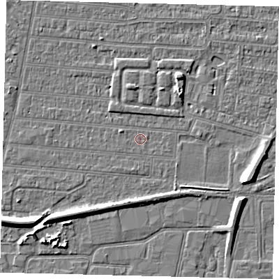Shaded relief map of the ground around HU92TY, computed from Environment Agency LiDAR. The ground here sits at about 2 m above sea level and falls 7 m across the surrounding 800 m. The ground contributing surface water to this point lies to the east-south-east.