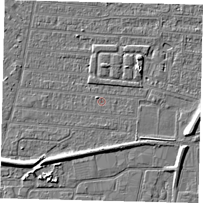 Shaded relief map of the ground around HU92TZ, computed from Environment Agency LiDAR. The ground here sits at about 2 m above sea level and falls 7 m across the surrounding 800 m. Surface water reaching this point runs off ground lying to the east-south-east, 5.7 m higher.