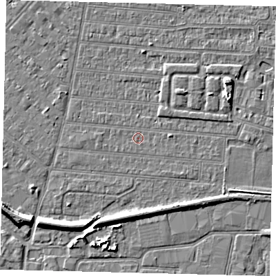 Shaded relief map of the ground around HU92UD, computed from Environment Agency LiDAR. The ground here sits at about 2 m above sea level and falls 7 m across the surrounding 800 m. Surface water reaching this point runs off ground lying to the south, 4.1 m higher.