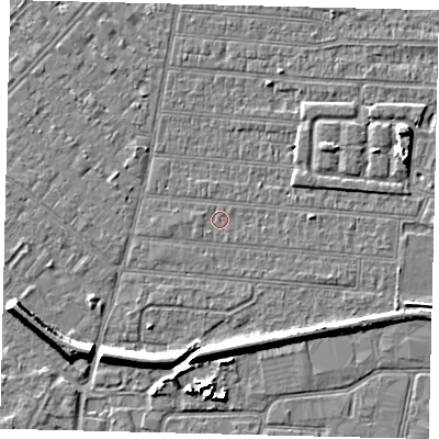 Shaded relief map of the ground around HU92UF, computed from Environment Agency LiDAR. The ground here sits at about 2 m above sea level and falls 7 m across the surrounding 800 m. Surface water reaching this point runs off ground lying to the west, 0.5 m higher.