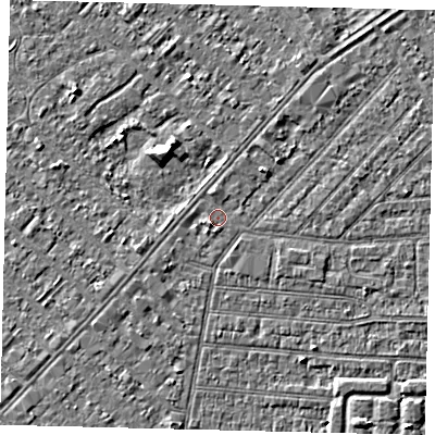 Shaded relief map of the ground around HU93AB, computed from Environment Agency LiDAR. The ground here sits at about 2 m above sea level and falls 4 m across the surrounding 800 m. Surface water reaching this point runs off ground lying to the north-north-east, 0.8 m higher.