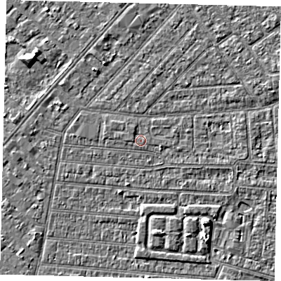 Shaded relief map of the ground around HU93AG, computed from Environment Agency LiDAR. The ground here sits at about 3 m above sea level and falls 4 m across the surrounding 800 m. Surface water reaching this point runs off ground lying to the west-north-west, 0.7 m higher.