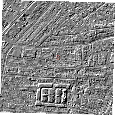 Shaded relief map of the ground around HU93AH, computed from Environment Agency LiDAR. The ground here sits at about 2 m above sea level and falls 4 m across the surrounding 800 m. Surface water reaching this point runs off ground lying to the north-west, 0.5 m higher.