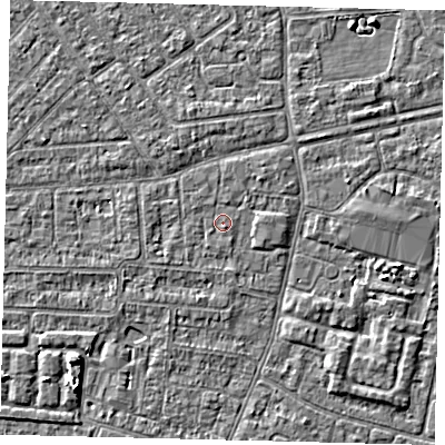 Shaded relief map of the ground around HU93AL, computed from Environment Agency LiDAR. The ground here sits at about 2 m above sea level and falls 4 m across the surrounding 800 m. Surface water reaching this point runs off ground lying to the south-south-east, 0.8 m higher.