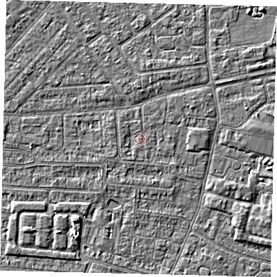 Shaded relief map of the ground around HU93AN, computed from Environment Agency LiDAR. The ground here sits at about 2 m above sea level and falls 4 m across the surrounding 800 m. Surface water reaching this point runs off ground lying to the south-south-west, 0.8 m higher.