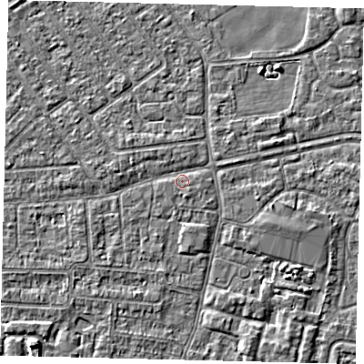 Shaded relief map of the ground around HU93AP, computed from Environment Agency LiDAR. The ground here sits at about 2 m above sea level and falls 4 m across the surrounding 800 m. Surface water reaching this point runs off ground lying to the east-south-east, 1.6 m higher.