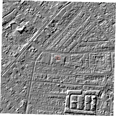 Shaded relief map of the ground around HU93AQ, computed from Environment Agency LiDAR. The ground here sits at about 3 m above sea level and falls 4 m across the surrounding 800 m. The ground contributing surface water to this point lies to the west-north-west.