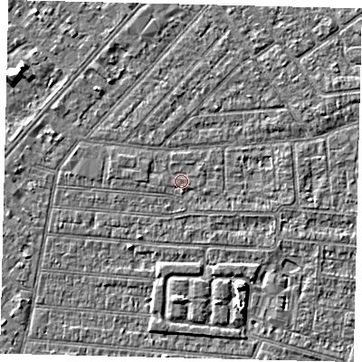 Shaded relief map of the ground around HU93AR, computed from Environment Agency LiDAR. The ground here sits at about 2 m above sea level and falls 4 m across the surrounding 800 m. Surface water reaching this point runs off ground lying to the east-north-east, 0.5 m higher.