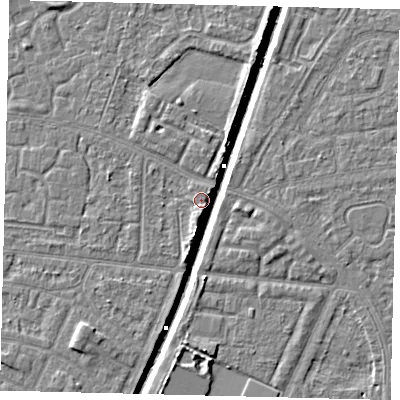 Shaded relief map of the ground around HU93AS, computed from Environment Agency LiDAR. The ground here sits at about 3 m above sea level and falls 6 m across the surrounding 800 m. Surface water reaching this point runs off ground lying to the south, 1.6 m higher.
