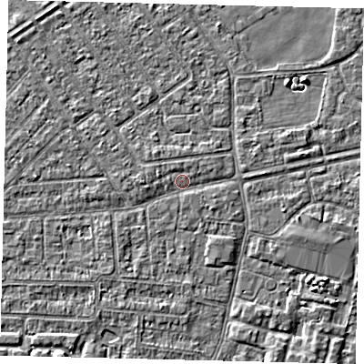 Shaded relief map of the ground around HU93AT, computed from Environment Agency LiDAR. The ground here sits at about 2 m above sea level and falls 4 m across the surrounding 800 m. Surface water reaching this point runs off ground lying to the east-south-east, 1.6 m higher.