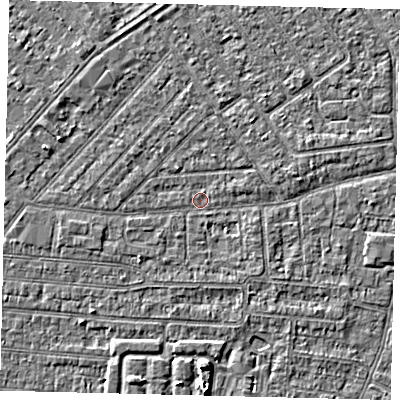 Shaded relief map of the ground around HU93AU, computed from Environment Agency LiDAR. The ground here sits at about 2 m above sea level and falls 4 m across the surrounding 800 m. Surface water reaching this point runs off ground lying to the west-south-west, 0.8 m higher.