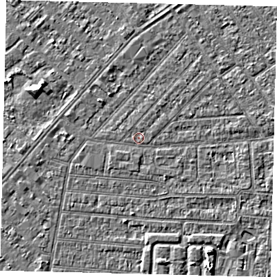 Shaded relief map of the ground around HU93AX, computed from Environment Agency LiDAR. The ground here sits at about 2 m above sea level and falls 4 m across the surrounding 800 m. The ground contributing surface water to this point lies to the east-north-east.
