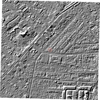 Shaded relief map of the ground around HU93AY, computed from Environment Agency LiDAR. The ground here sits at about 2 m above sea level and falls 4 m across the surrounding 800 m. The ground contributing surface water to this point lies to the east.