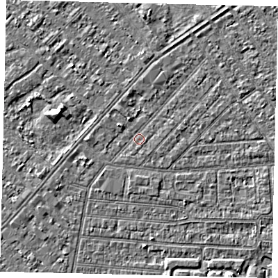 Shaded relief map of the ground around HU93BA, computed from Environment Agency LiDAR. The ground here sits at about 2 m above sea level and falls 4 m across the surrounding 800 m. Surface water reaching this point runs off ground lying to the north-north-west, 1.4 m higher.