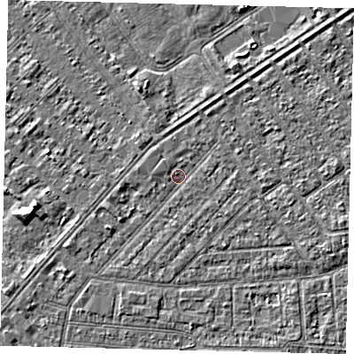Shaded relief map of the ground around HU93BB, computed from Environment Agency LiDAR. The ground here sits at about 2 m above sea level and falls 4 m across the surrounding 800 m. Surface water reaching this point runs off ground lying to the south-west, 1.5 m higher.