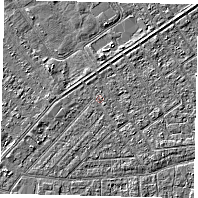 Shaded relief map of the ground around HU93BD, computed from Environment Agency LiDAR. The ground here sits at about 2 m above sea level and falls 3 m across the surrounding 800 m. Surface water reaching this point runs off ground lying to the south-west, 1.5 m higher.