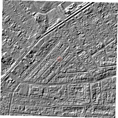 Shaded relief map of the ground around HU93BE, computed from Environment Agency LiDAR. The ground here sits at about 3 m above sea level and falls 3 m across the surrounding 800 m. The ground contributing surface water to this point lies to the south-west.