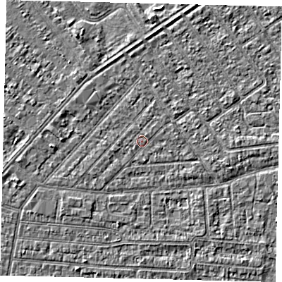 Shaded relief map of the ground around HU93BJ, computed from Environment Agency LiDAR. The ground here sits at about 2 m above sea level and falls 2 m across the surrounding 800 m. Surface water reaching this point runs off ground lying to the south, 0.7 m higher.