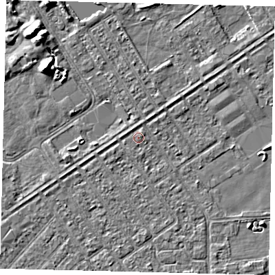 Shaded relief map of the ground around HU93BL, computed from Environment Agency LiDAR. The ground here sits at about 2 m above sea level and falls 7 m across the surrounding 800 m. Surface water reaching this point runs off ground lying to the west-south-west, 1.3 m higher.