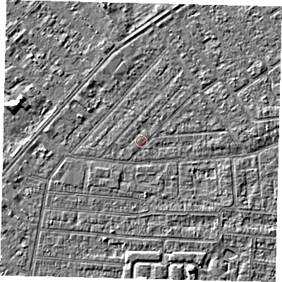 Shaded relief map of the ground around HU93BN, computed from Environment Agency LiDAR. The ground here sits at about 2 m above sea level and falls 4 m across the surrounding 800 m. The ground contributing surface water to this point lies to the south-west.
