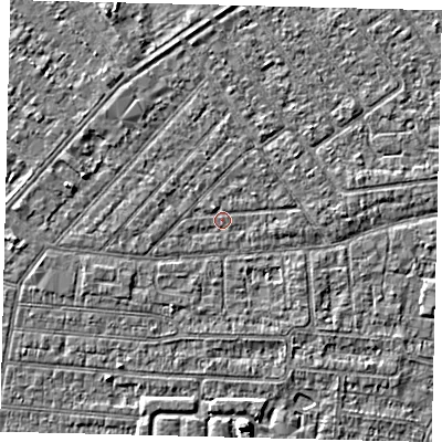 Shaded relief map of the ground around HU93BP, computed from Environment Agency LiDAR. The ground here sits at about 2 m above sea level and falls 4 m across the surrounding 800 m. Surface water reaching this point runs off ground lying to the north-north-west, 1.0 m higher.