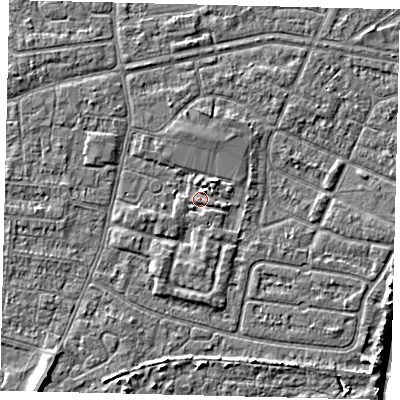 Shaded relief map of the ground around HU93BQ, computed from Environment Agency LiDAR. The ground here sits at about 3 m above sea level and falls 7 m across the surrounding 800 m. Surface water reaching this point runs off ground lying to the north-north-east, 2.2 m higher.