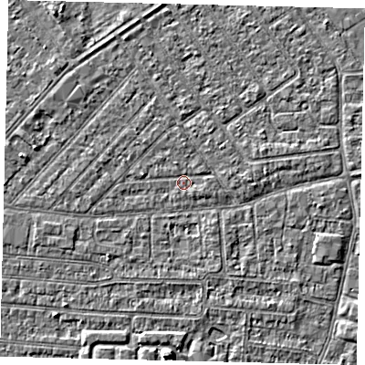 Shaded relief map of the ground around HU93BS, computed from Environment Agency LiDAR. The ground here sits at about 2 m above sea level and falls 4 m across the surrounding 800 m. Surface water reaching this point runs off ground lying to the west, 1.1 m higher.