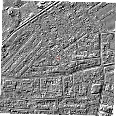 Shaded relief map of the ground around HU93BT, computed from Environment Agency LiDAR. The ground here sits at about 3 m above sea level and falls 2 m across the surrounding 800 m. Surface water reaching this point runs off ground lying to the west-south-west, 1.1 m higher.
