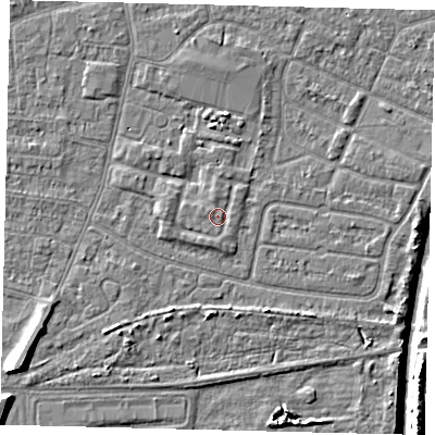 Shaded relief map of the ground around HU93BU, computed from Environment Agency LiDAR. The ground here sits at about 3 m above sea level and falls 9 m across the surrounding 800 m. Surface water reaching this point runs off ground lying to the south, 1.1 m higher.