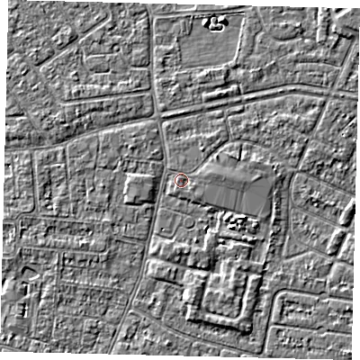 Shaded relief map of the ground around HU93BX, computed from Environment Agency LiDAR. The ground here sits at about 3 m above sea level and falls 3 m across the surrounding 800 m. Surface water reaching this point runs off ground lying to the south-east, 2.5 m higher.
