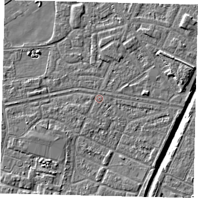 Shaded relief map of the ground around HU93BY, computed from Environment Agency LiDAR. The ground here sits at about 3 m above sea level and falls 6 m across the surrounding 800 m. Surface water reaching this point runs off ground lying to the south-west, 0.7 m higher.