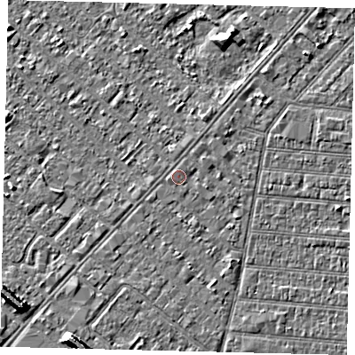 Shaded relief map of the ground around HU93DA, computed from Environment Agency LiDAR. The ground here sits at about 3 m above sea level and falls 7 m across the surrounding 800 m. Surface water reaching this point runs off ground lying to the west-south-west, 0.6 m higher.